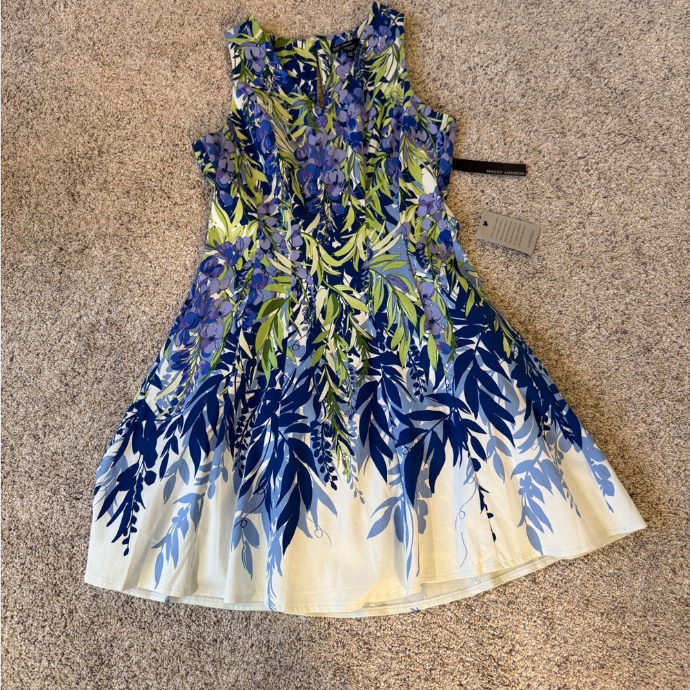 Floral Blue and Green Sleeveless Dress